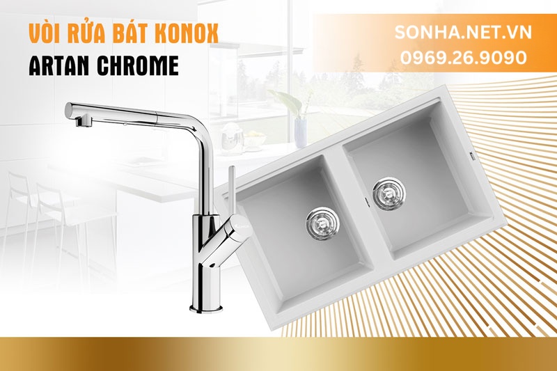 Bộ đôi hoàn hảo chậu rửa chén Konox Phoenix 860 Silver và vòi Artan Chrome