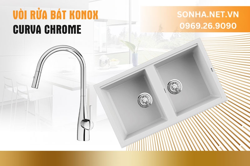 Bộ đôi tiện ích Konox chậu đá Phoenix 860 Silver và vòi Curva Chrome