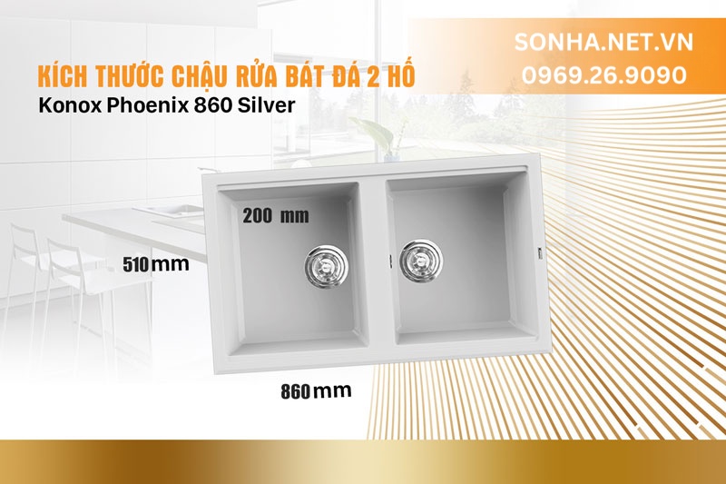 Thông số kích thước chậu rửa chén đá Konox Phoenix 860 Silver