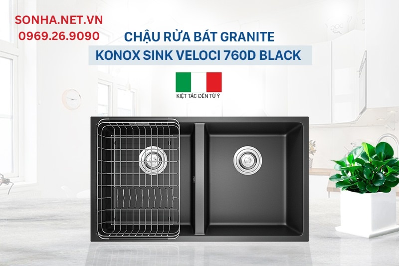 Chậu rửa bát 2 hố, đá Granite Konox Sink Veloci 760D Black