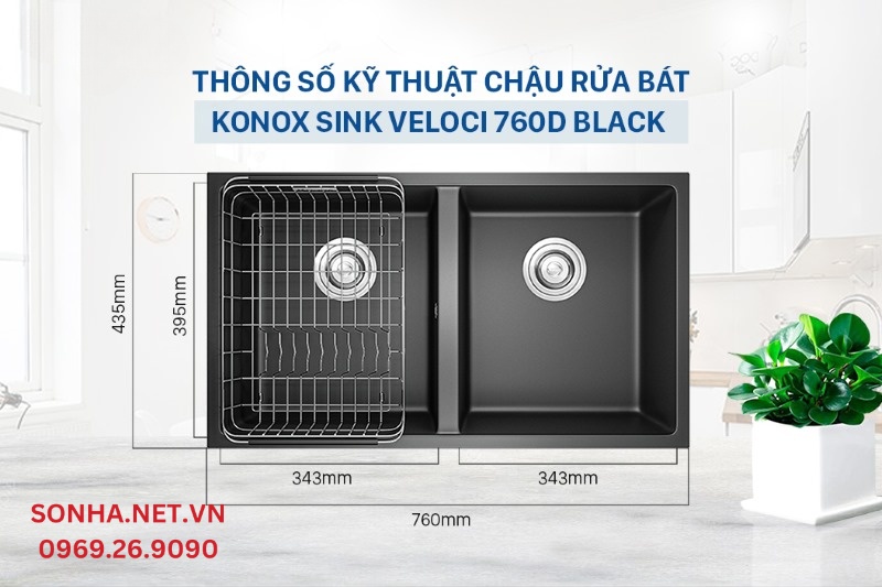 Thông số kỹ thuật của chậu rửa bát Granite Konox Sink Veloci 760D Black