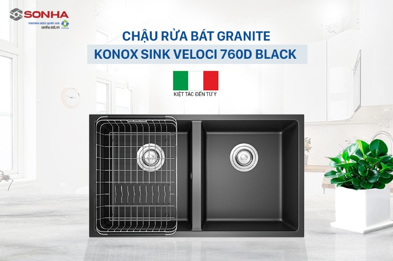 Chậu rửa bát 2 hố, đá Granite Konox Sink Veloci 760D Black