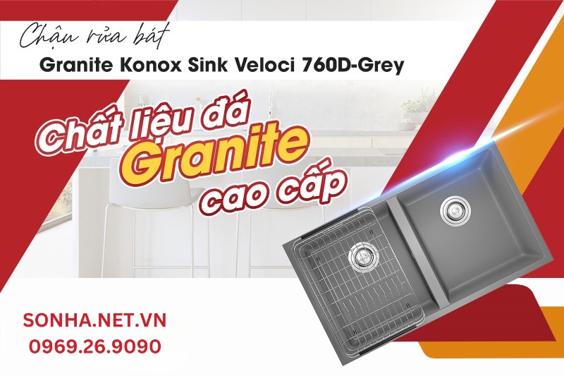 Konox Sink Veloci 760D-Grey thiết kế với chất liệu đá Granite cao cấp