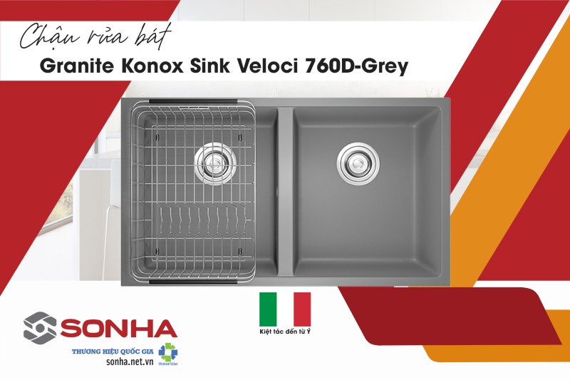 Chậu rửa bát 2 hố, đá Granite Konox Sink Veloci 760D Grey