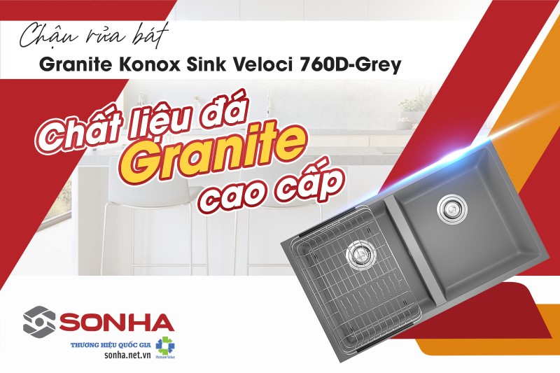 Konox Sink Veloci 760D-Grey thiết kế với chất liệu đá Granite cao cấp