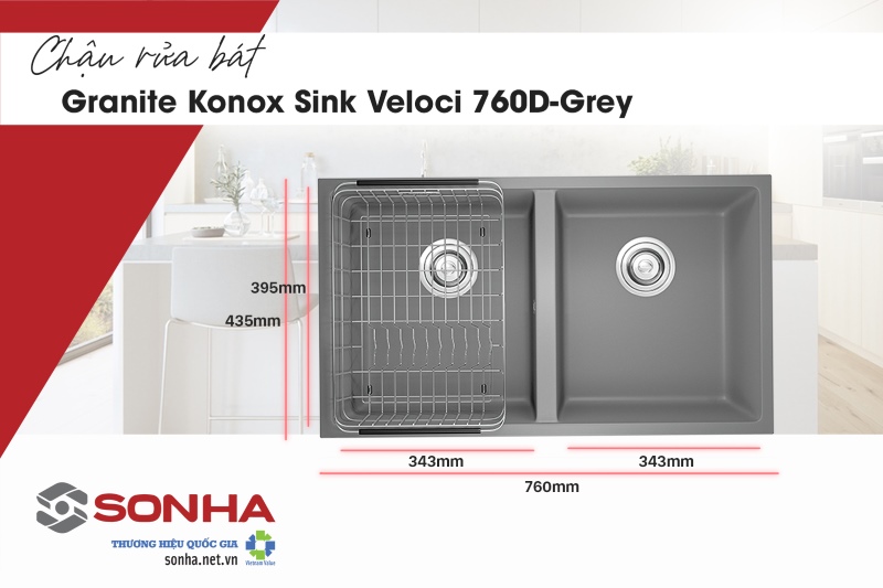 Thông số kỹ thuật của chậu rửa bát Granite Konox Sink Veloci 760D-Grey