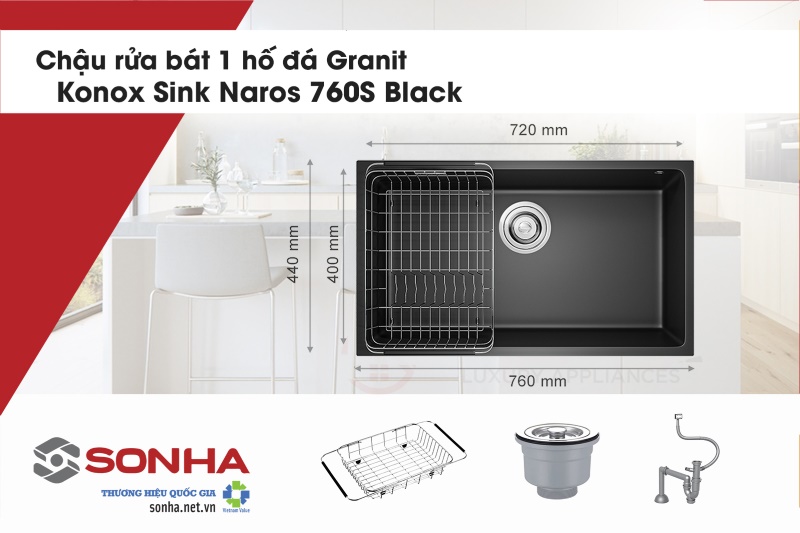 Thông số kỹ thuật chậu rửa bát Konox Sink Naros 760S Black