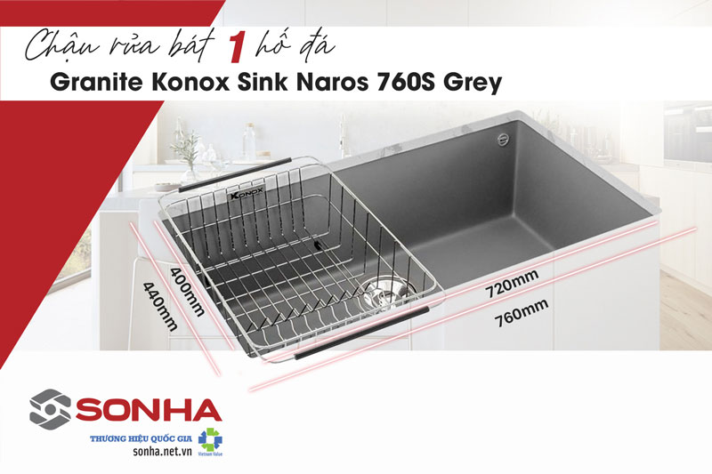 Kích thước chậu đá Konox Sink Naros 760S Grey