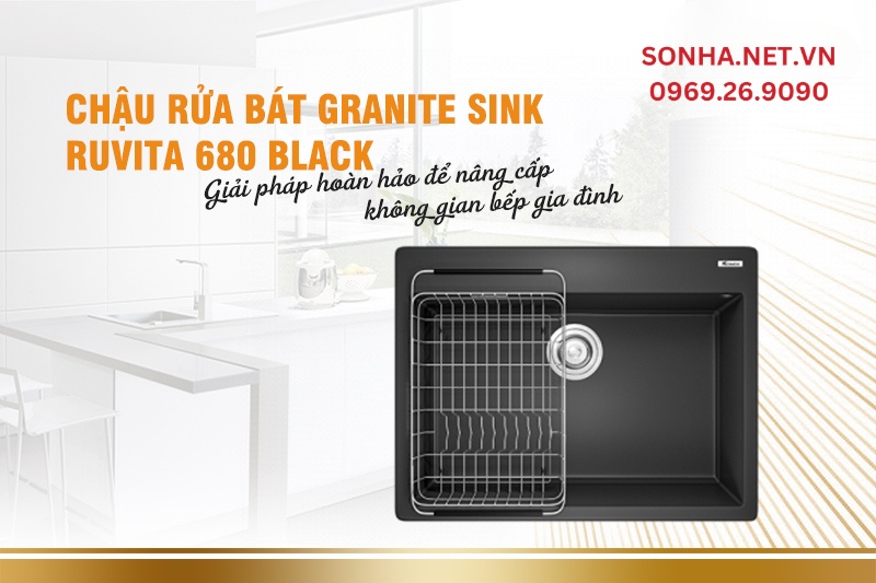 Chậu rửa bát 1 hố, đá Granite Konox sink Ruvita 680 Black