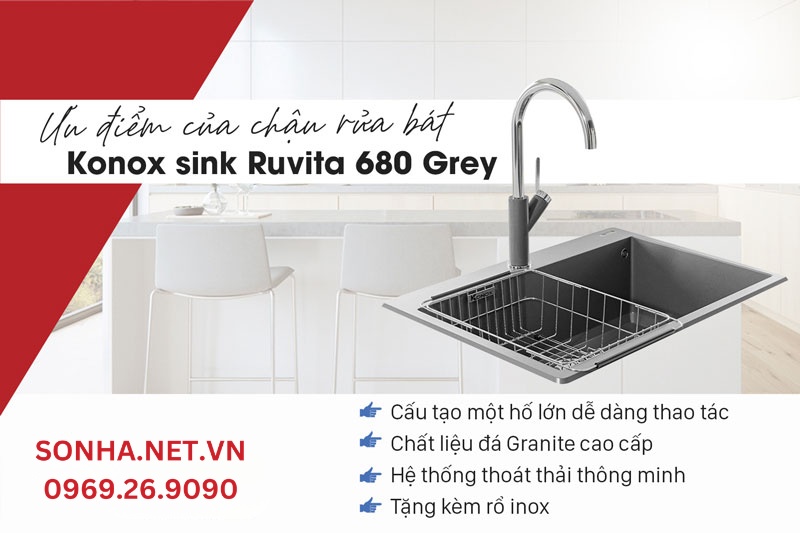4 ưu điểm nổi bật chậu rửa bát đá 1 hố Konox sink Ruvita 680 Grey