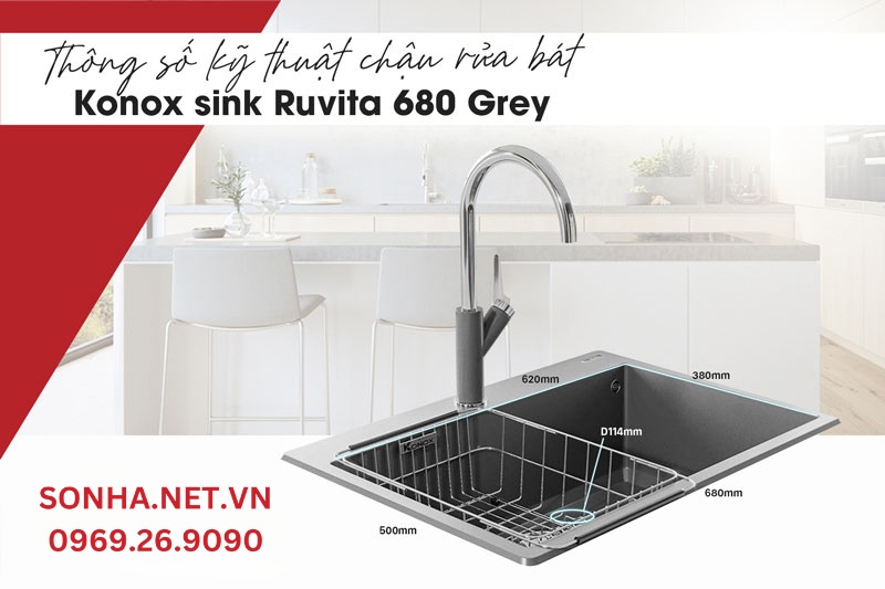 Kích thước chậu rửa chén đá 1 hộc Konox sink Ruvita 680 Grey