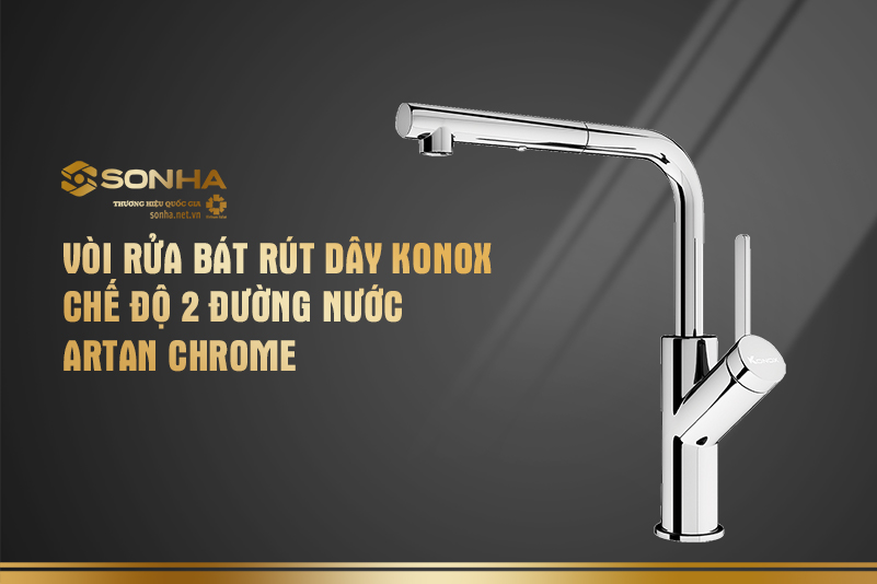 Vòi rửa bát rút dây Konox chế độ 2 đường nước Artan Chrome