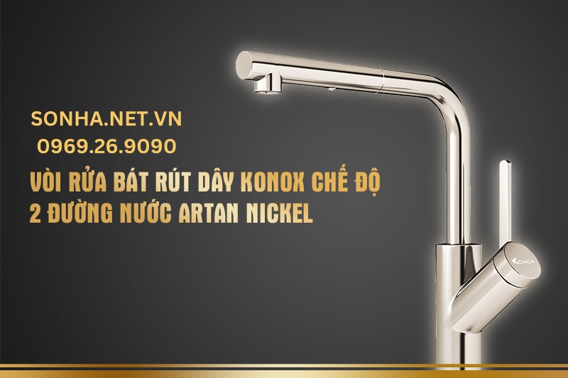 Vòi rửa bát rút dây Konox chế độ 2 đường nước Artan Nickel