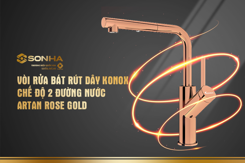 Vòi rửa bát rút dây Konox chế độ 2 đường nước Artan Rose Gold