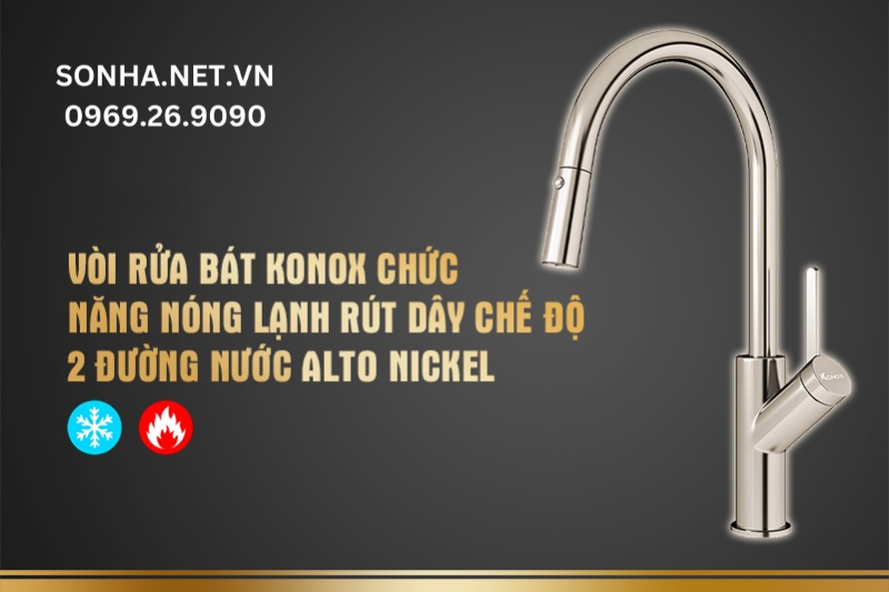 Vòi rửa bát Konox chức năng nóng lạnh rút dây ALTO NICKEL