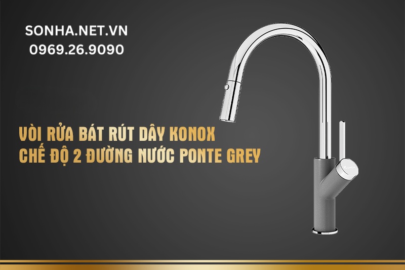 Vòi rửa bát rút dây Konox chế độ 2 đường nước Ponte Grey