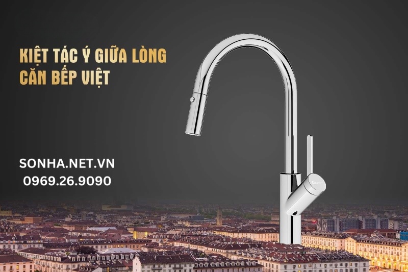 V&ograve;i rửa b&aacute;t r&uacute;t d&acirc;y Konox Ponte Chrome ki&ecirc;̣t tác Ý sang trọng trong gian b&ecirc;́p