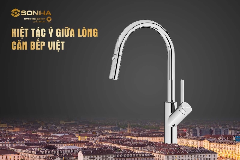 Vòi rửa bát rút dây Konox Ponte Chrome kiệt tác Ý sang trọng trong gian bếp