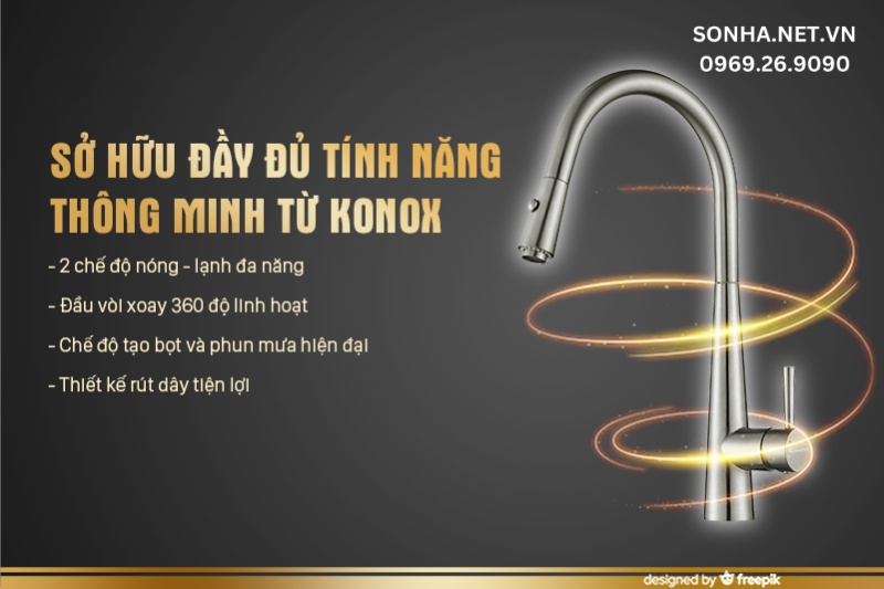 Vòi rửa bát Konox chức năng nóng lạnh rút dây Konox chế độ 2 đường nước KN1901N