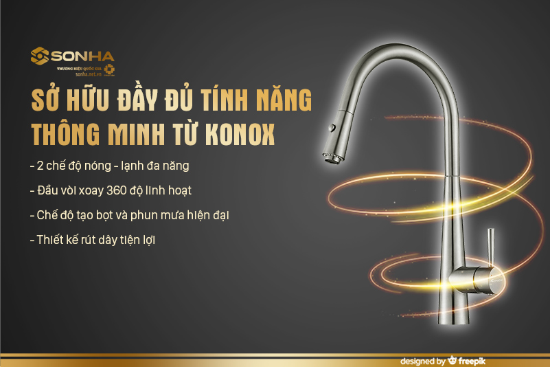 Vòi rửa bát Konox chức năng nóng lạnh rút dây Konox chế độ 2 đường nước KN1901N