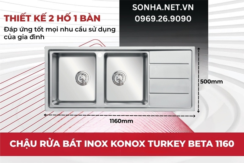 Bồn rửa b&aacute;t Konox Turkey Beta 1160 c&oacute; thiết kế 2 hố c&oacute; b&agrave;n chờ