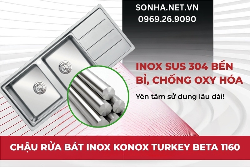 Chậu rửa ch&eacute;n 2 hố Konox Beta 1160 được sản xuất từ inox SUS 304