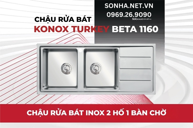Si&ecirc;u phẩm bồn rửa ch&eacute;n 2 hố c&oacute; b&agrave;n chờ Konox Turkey Beta 1160