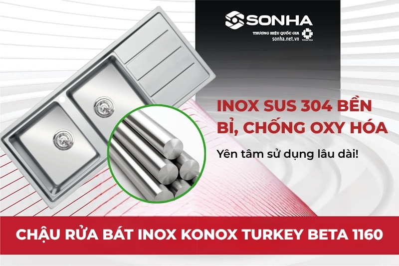 Chậu rửa chén 2 hố Konox Beta 1160 được sản xuất từ inox SUS 304
