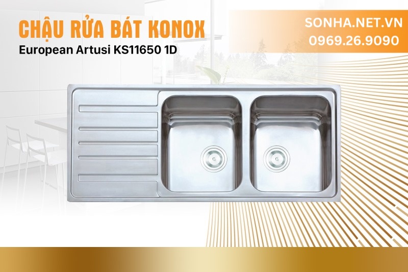 Chậu rửa b&aacute;t 2 hố KONOX c&oacute; b&agrave;n chờ European Artusi KS11650 1D