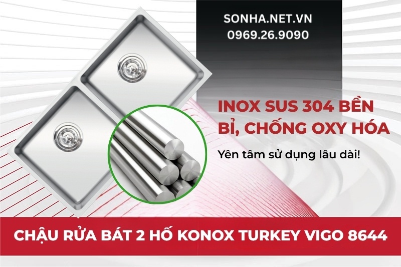 Bồn rửa chén 2 hố Konox Vigo 8644 được sản xuất từ inox 304 AISI