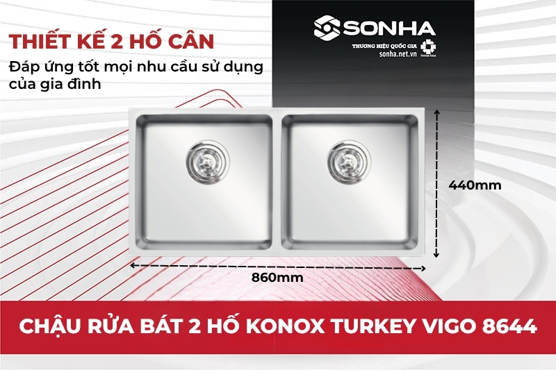 Chậu Konox Turkey Vigo 8644 có thiết kế 2 hố cân