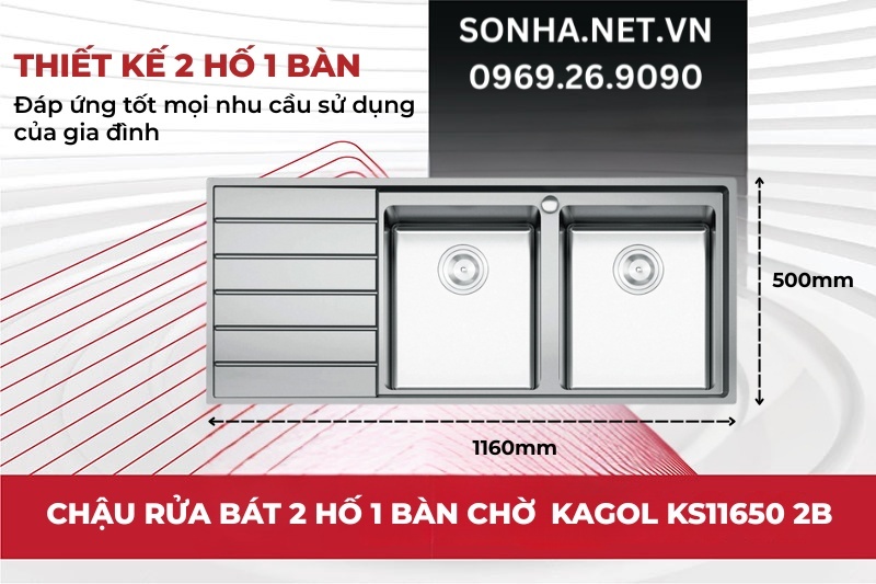 Bồn rửa bát Konox KS11650 2B có thiết kế 2 hố cân có bàn