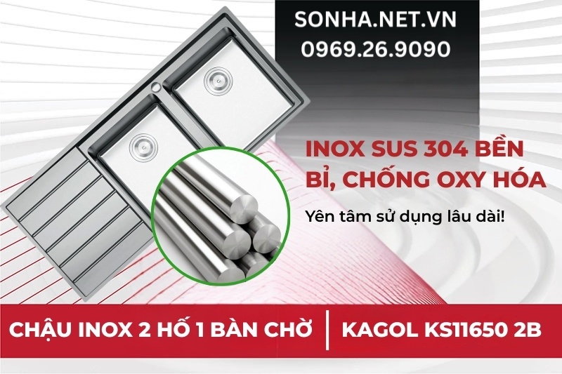 Chậu rửa bát 2 hố Konox KS11650 2B được chế tạo từ inox 304 tiêu chuẩn Mỹ