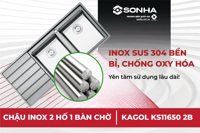 Chậu rửa bát 2 hố Konox KS11650 2B được chế tạo từ inox 304 tiêu chuẩn Mỹ