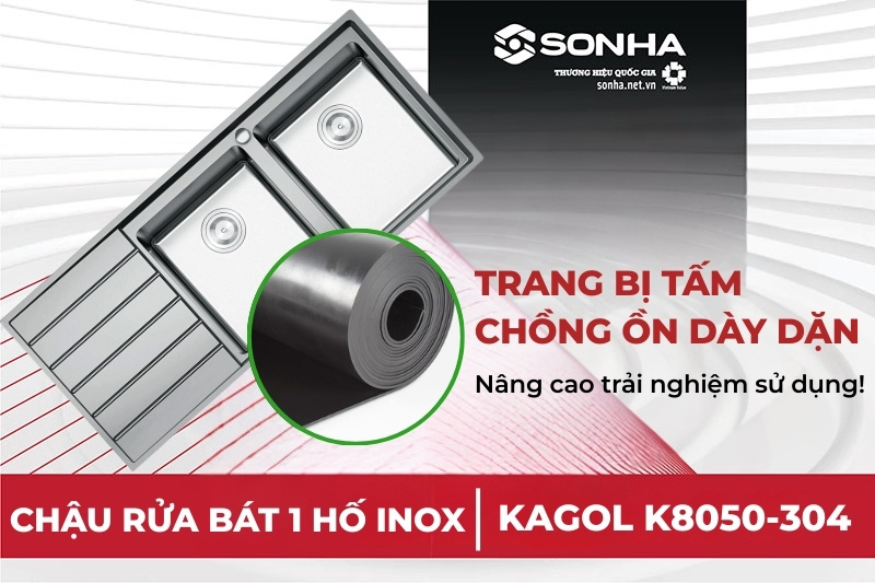 Bồn rửa chén 2 hố 1 bàn Konox KS11650 2B được trang bị tấm chống ồn