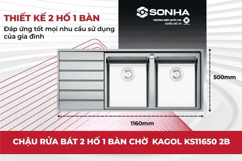 Bồn rửa bát Konox KS11650 2B có thiết kế 2 hố cân có bàn