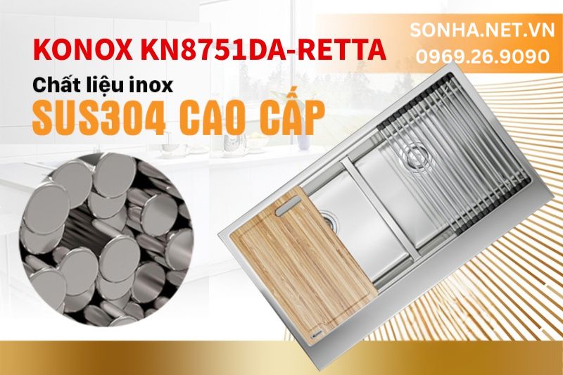 Chậu 2 hố cân Konox KN8751DA được sản xuất từ inox SUS304