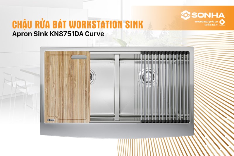 Chậu rửa bát 2 hố, hạ bậc Konox Workstation Sink – Apron Sink KN8751DA Curve