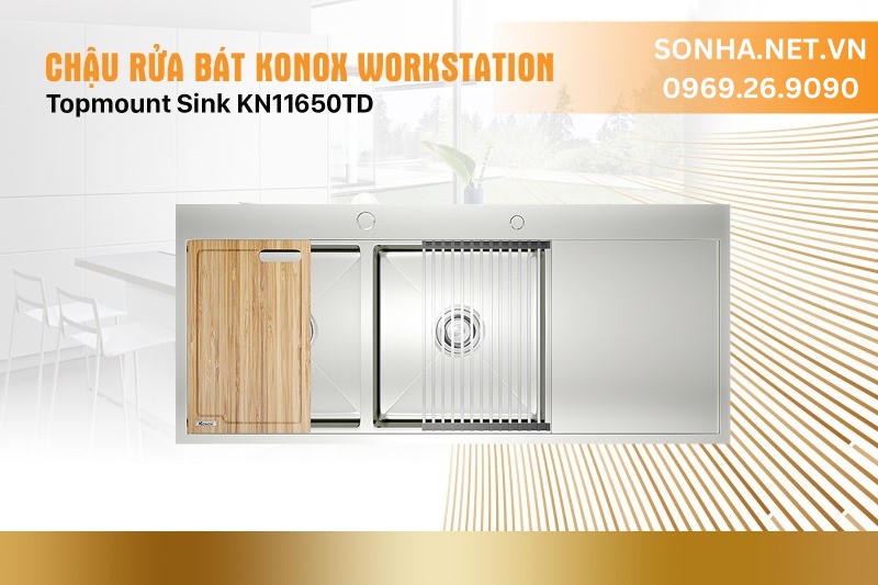 Chậu rửa bát 2 hố, hạ bậc, có bàn chờ Konox Workstation Topmount Sink KN11650TD