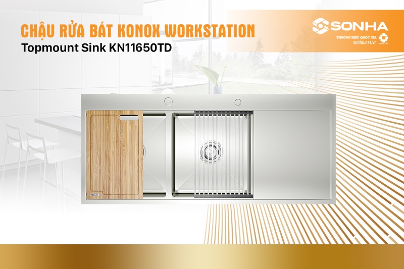 Chậu rửa bát 2 hố, hạ bậc, có bàn chờ Konox Workstation Topmount Sink KN11650TD