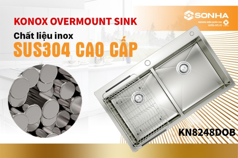 Chậu rửa bát 2 hố Konox KN8248DOB được sản xuất từ inox SUS304
