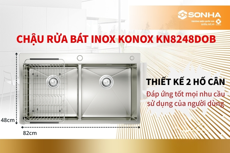 Bồn rửa chén Konox KN8248DOB có thiết kế 2 hố cân