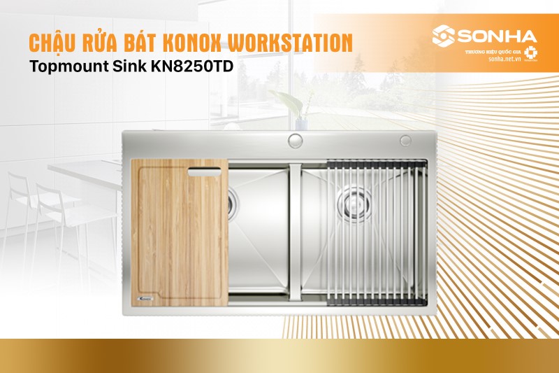 Chậu rửa bát 2 hố, hạ bậc Konox Workstation Topmount Sink KN8250TD
