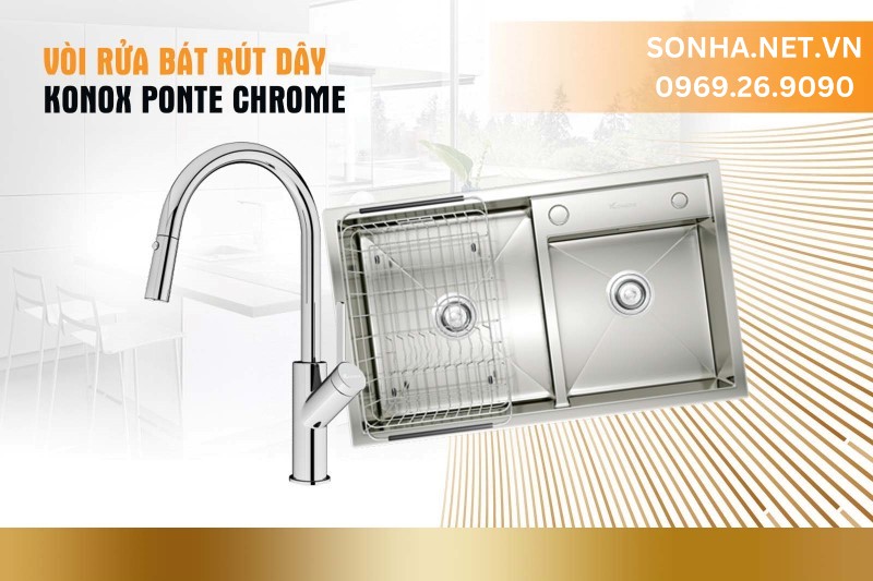 V&ograve;i rửa b&aacute;t r&uacute;t d&acirc;y Konox Ponte Chrome