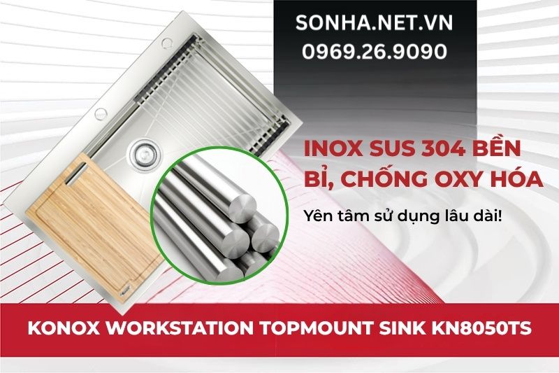 Bồn rửa bát Konox KN8050TS được sản xuất từ inox SUS304 cao cấp