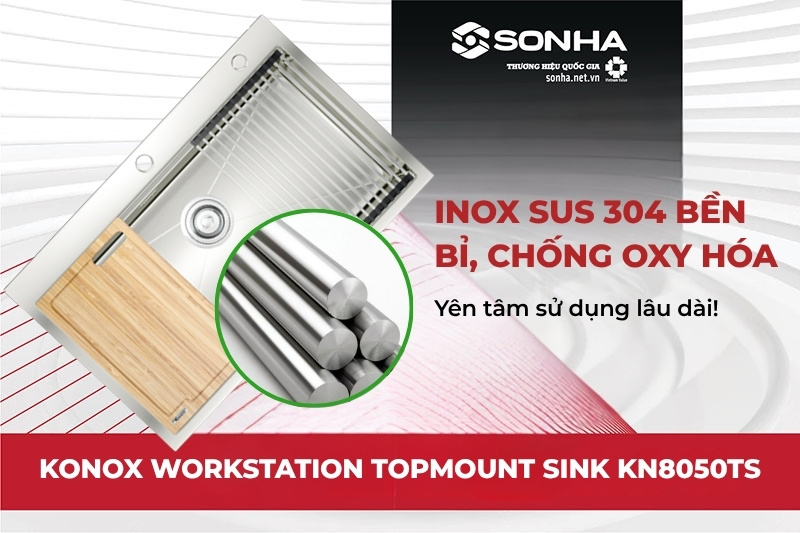 Bồn rửa bát Konox KN8050TS được sản xuất từ inox SUS304 cao cấp