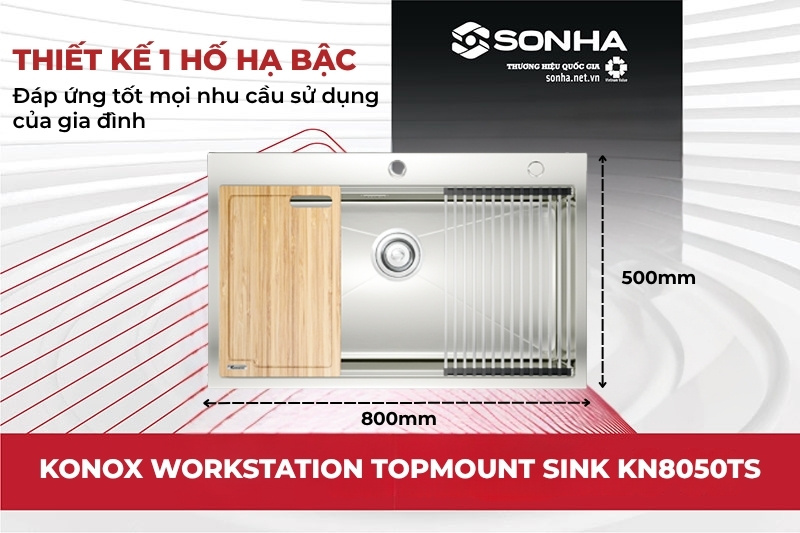 Chậu rửa bát Konox KN8050TS có thiết kế 1 hố lớn hạ bậc