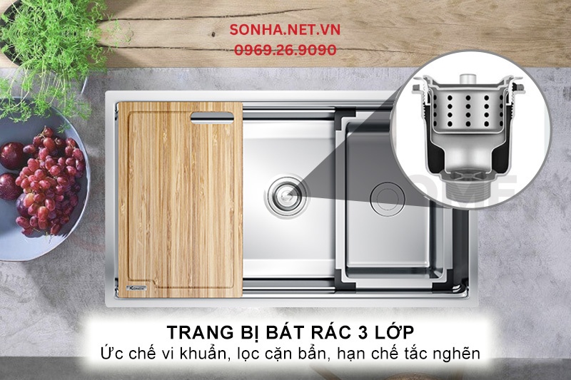B&aacute;t r&aacute;c 3 lớp lọc sạch cặn bẩn, thực phẩm v&agrave; hạn chế tắc nghẽn