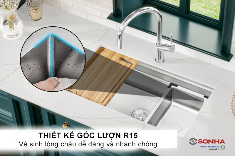 Thiết kế góc lượn R15 cho phép vệ sinh lòng chậu nhanh chóng và dễ dàng