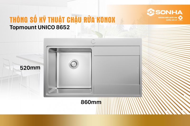 Thông số kỹ thuật của chậu rửa bát Konox Topmount UNICO 8652